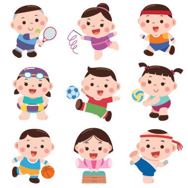 A lively and colorful cartoon-style illustration featuring children engaging in different sports and physical activities.