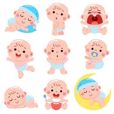 A delightful cartoon-style illustration featuring a baby in various adorable expressions and activities