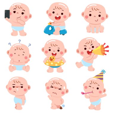 A delightful cartoon-style illustration featuring a baby in different adorable and humorous situations