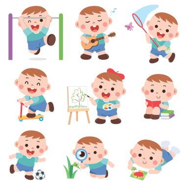 A cheerful and colorful cartoon-style illustration featuring a young boy participating in different activities