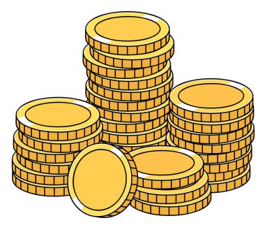 A cartoon-style illustration of multiple stacks of gold coins, symbolizing financial prosperity, wealth accumulation, and economic success.