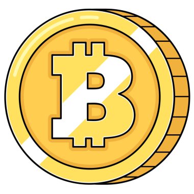 A vibrant and shiny cartoon-style illustration of a gold coin featuring the Bitcoin symbol