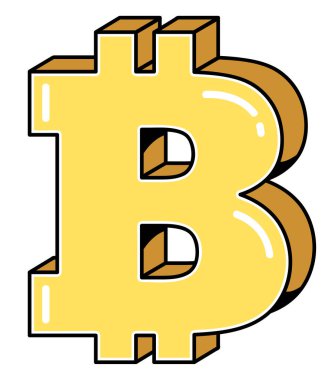 A bold and shiny cartoon-style illustration of the Bitcoin currency symbol in gold.