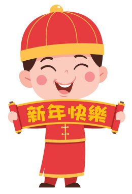 Yeni yıl parşömenli küçük Çinli çocuk. Çince anlamı: Mutlu yıllar