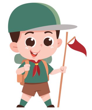 Cute Cartoon Boy Scout with Flag  Outdoor Adventure Character