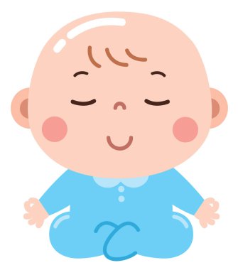 Huzurlu ve tapılası bir çizgi film çizimi, üzerinde açık mavi bir tulum olan bir bebeğin bacak bacak bacak üstüne atmış bir şekilde oturduğunu gösteriyor..