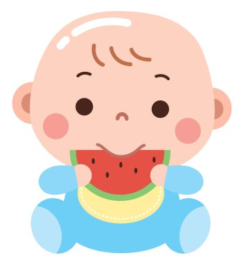 Mavi tulum giymiş ve önlük takmış bir bebeğin bir dilim karpuz yerken mutlu bir şekilde çizdiği çok güzel bir karikatür.