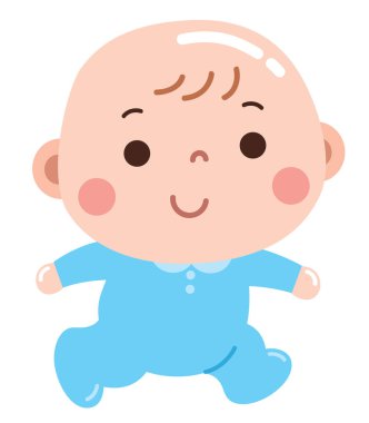 Bir bebeğin ilk adımlarını attığı şirin ve basit bir karikatür çizimi, samimi mavi bir tulum giymiş.