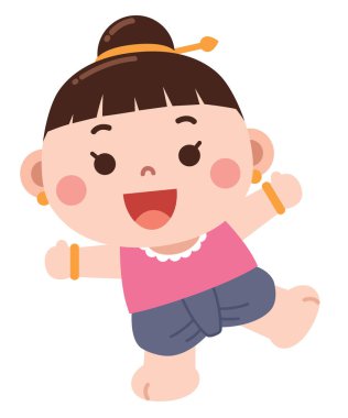 Geleneksel giyinmiş, büyük bir gülümsemeyle dans eden genç bir kızın neşeli ve eğlenceli bir çizgi film çizimi.