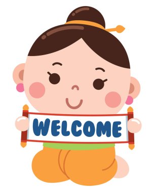 Geleneksel giyinmiş, elinde kalın mavi harflerle 