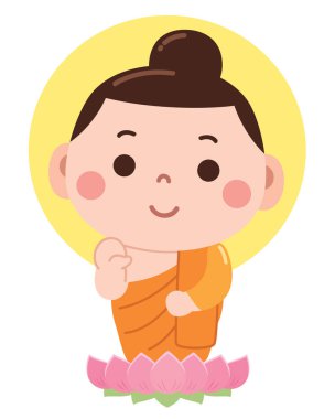 Geleneksel turuncu bornoz giymiş pembe bir nilüfer çiçeğinin üzerinde oturan genç Buda figürünün büyüleyici ve barışçıl bir karikatürü..