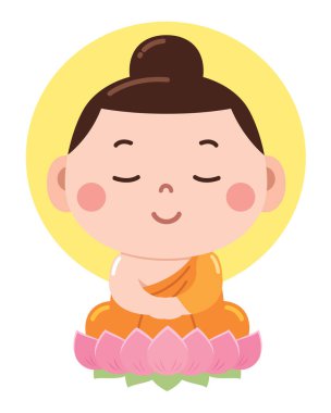  Genç Buda figürünün, pembe bir nilüfer çiçeğinin üzerinde meditasyon yapan bir duruş sergilediği huzurlu ve tapılası bir karikatür.
