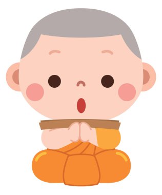 Geleneksel turuncu cübbe giymiş, elinde kutsal kitap ya da ahşap tablet tutarken meditasyon poziyonunda oturan genç bir rahibin büyüleyici ve barışçıl bir karikatürü..
