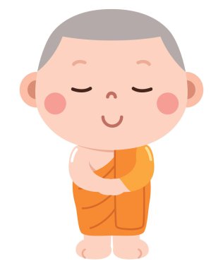 Huzurlu ve tapılası bir karikatür çizimi. Geleneksel turuncu cübbe giymiş genç bir keşişin sakin bir ifadeyle ve kapalı gözlerle duruşu.