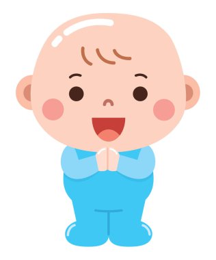 Mavi elbise giymiş, elleri birbirine kenetlenmiş ve neşeli bir ifadeyle duran bir bebeğin şirin ve mutlu bir çizgi film çizimi.