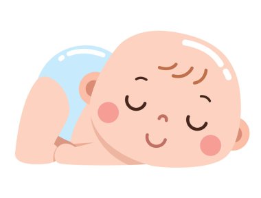 Bir bebeğin kıvrımlı bir pozisyonda mışıl mışıl uyuduğu sevimli ve huzurlu bir karikatür çizimi.