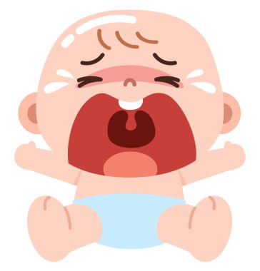 Ağlayan bir bebeğin karikatür çizimi bebek bezinde otururken gözlerinden yaş akıyor ve ağzı sonuna kadar açık..