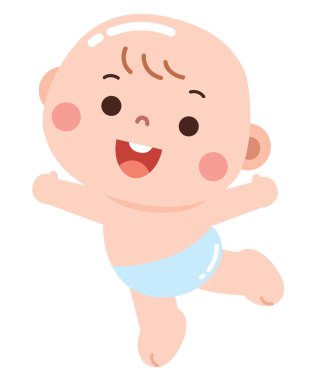 Bebek bezli neşeli bir bebeğin sevimli bir çizimi, neşeyle atlamak ya da büyük bir gülümsemeyle dans etmek..