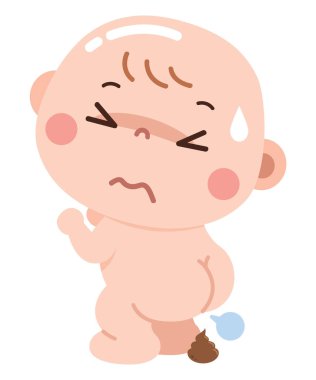 Sindirim güçlüğü çeken, gergin bir yüz, ter damlası ve gaz sızıntısı ya da bağırsak hareketi gösteren bir bebeğin komik ve anlamlı bir çizgi film çizimi.. 