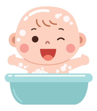 Küçük bir küvette köpüklü bir banyonun keyfini çıkaran mutlu bir bebeğin neşeli bir çizgi film çizimi..