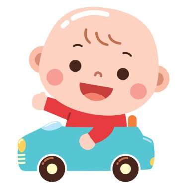Küçük mavi bir oyuncak arabada oturan, büyük gülümseyen bir bebeğin neşeli bir karikatürü..