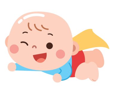  Süper kahraman gibi giyinmiş, sarı pelerinli ve neşeli bir şekilde uçan bir bebeğin sevimli çizgi film çizimi.