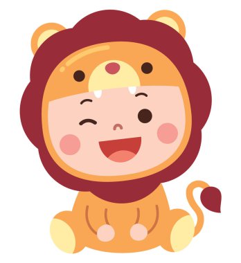 Aslan kostümü giymiş, büyük bir gülümseme ve neşeli bir göz kırpmayla mutlu bir şekilde oturan bir bebeğin sevimli karikatür çizimi.