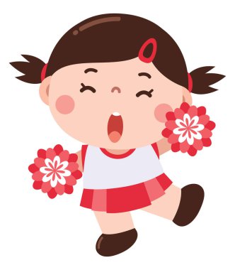 Kırmızı ve beyaz üniformalı, elinde büyük bir gülümsemeyle ponpon kızlar tutan tatlı ve enerjik bir ponpon kız.