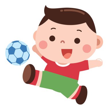 Neşeli bir çizgi film çizimi. Heyecanla futbol topunu tekmeleyen genç bir çocuk..