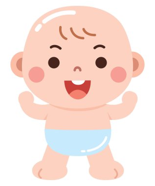 Kocaman bir gülümseme ve kollarla bez üzerinde duran neşeli bir bebeğin sevimli çizgi film çizimi.