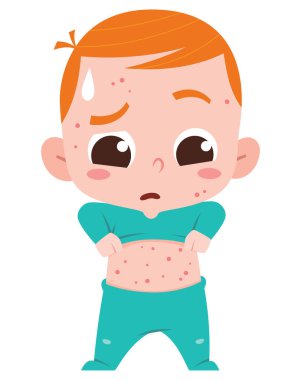 Üzgün bir yüz ifadesi ve görünür deri kızarıklığı olan bir bebek. Vücudunda kırmızı noktalar var.