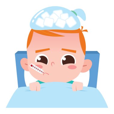 Bu görüntü, ateşini düşürmek için kafasında buz torbasıyla yatakta yatan bir bebeği gösteriyor.