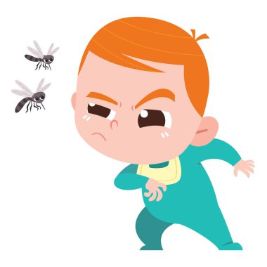 Turkuaz tulumlu bir bebek. Sinekler uçuşurken sinirli ve sinirli görünüyor.