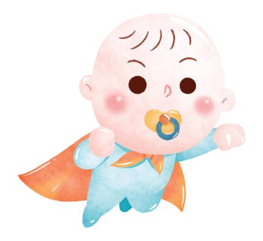 Mavi bir süper kahraman kostümü giyen, kırmızı pelerinli ve emzik takan, yüzünde sevimli bir ifadeyle havada uçan sevimli bir bebek..