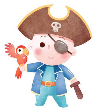 Korsan gibi giyinmiş sevimli bir bebek. Kafatası ve çapraz kemikli bir şapka, göz bandı, mavi bir korsan kıyafeti ve tahta bir kılıcı var..