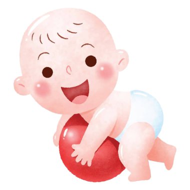 Parlak kırmızı bir topa tutunurken mutlu bir şekilde emekleyen bebek.