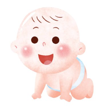 Parlak bir gülümsemeyle yerde sürünen, açık mavi bir bez giyen mutlu bir bebek.