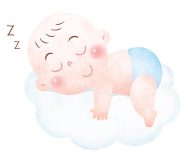 Yumuşak bulutların üzerinde, açık mavi bebek bezi takmış, mışıl mışıl uyuyan huzurlu bir bebek.