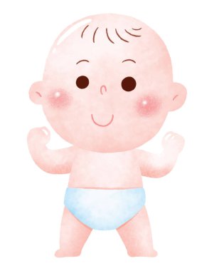 Mutlu bir ifadeyle ayakta duran neşeli bir bebeğin suluboya tarzı dijital bir tasviri..