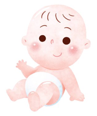 Beyaz bezli güzel bir bebek, oturuyor ve büyük bir gülümsemeyle el sallıyor..