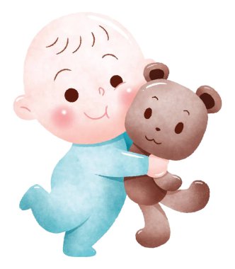 Bebek kucaklayan oyuncak ayı.