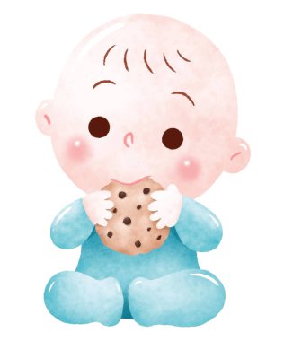 Açık mavi tulumlu şirin bir bebek oturmuş çikolatalı kurabiyeyi kemiriyor.