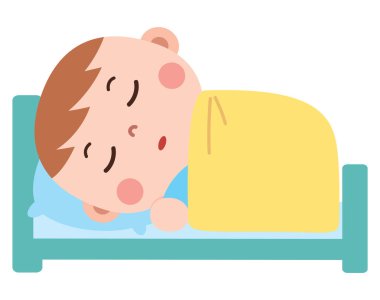 Sarı bir battaniyenin altında yatakta mışıl mışıl uyuyan sevimli çizgi film çocuğu. Yan profilinde, gözleri kapalı ve huzurlu bir ifadeyle görülüyor. Yatma alışkanlıklarını veya çocuklar için uyku eğitimini resmetmek için ideal.