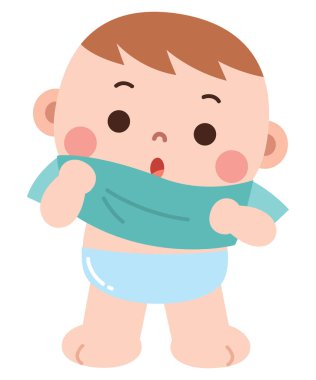 Bebek bezi takmış şirin bir çizgi film karakteri. Deniz mavisi bir gömlek giyiyor. Şaşırmış ve neşeli görünüyor. Bu görüntü özbakım, bağımsızlık öğrenme ve günlük bebek rutinleri ile ilgili konular için mükemmeldir..