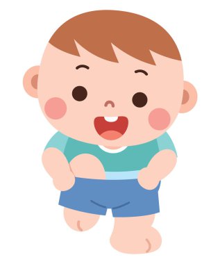 Mavi şort ve deniz mavisi gömlek giyerken ışıl ışıl gülümseyen neşeli çizgi film çocuğu. Bu şirin illüstrasyon, giyinmeye, günlük rutinlere ve bebek gelişimi üzerine odaklanan çocuk malzemeleri için idealdir..