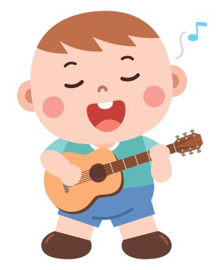 Tatlı çizgi film çocuğu akustik gitar çalarken mutlu bir şekilde şarkı söylüyor. Müzik eğitimi, erken öğrenim veya yaratıcı çocuk medyası için ideal.