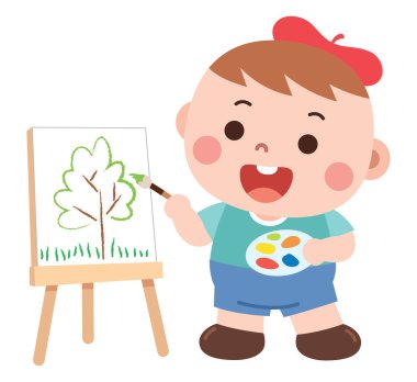 Sevimli çizgi film çocuğu tuval üzerinde bir ağaç boyamak için fırça ve renk paleti kullanıyor. Çocukların eğitimi ve sanat temalı materyaller için mükemmel yaratıcı ve sanatsal bir an..