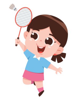 Neşeli genç bir kız neşeli bir ifadeyle badminton oynuyor..