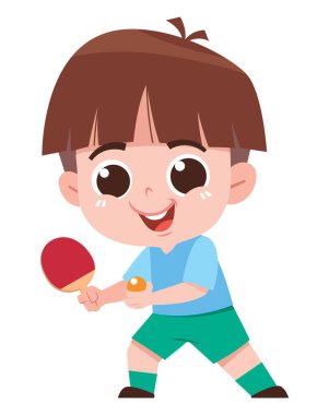 Mutlu genç bir çocuk aktif olarak masa tenisi oynuyor, elinde kırmızı bir kürek ve turuncu bir pinpon topu tutuyor.