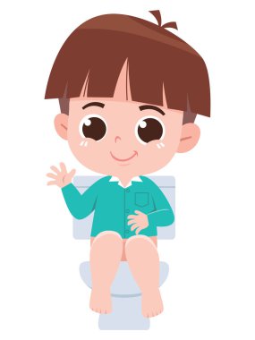 Tuvalette oturan, yeşil pijama gömlek giyerken el sallayan ve gülümseyen sevimli bir çizgi film çocuğu. Bu görüntü tuvalet eğitimi, kişisel hijyen ve erken çocukluk eğitimini arkadaşça ve yaklaşılabilir bir şekilde resmetmek için mükemmel..